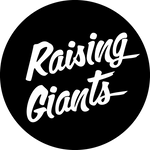 Raising Giants logo with white script typeface on black circle background