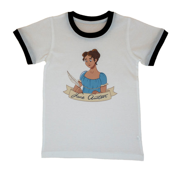 White ringer t-shirt with black collar and sleeve cuffs. Image of a cartoon illustrated Jane Austen wearing a light blue dress with yellow frilly cuffs on the short sleeves. Her medium brown wavy hair is tied-back in a simple ponytail, with the front bangs parted in the centre and small curly ringlets falling just behind her ears. She smiles confidently as she writes with a feather quill fountain pen. Below her is a light yellow ribbon bearing her name where her feather quill appears to be writing her name.