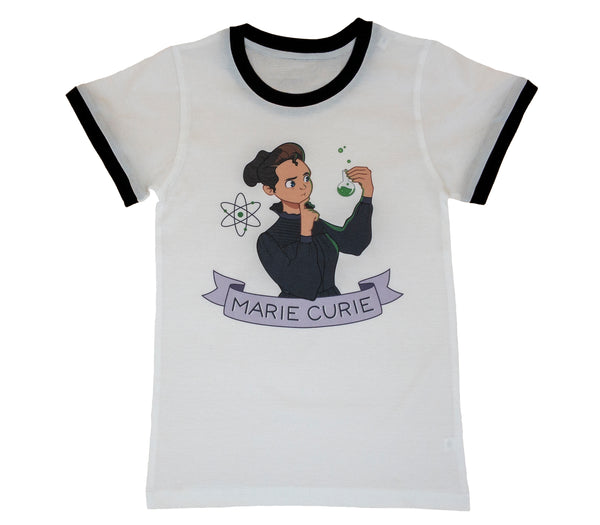 White ringer t-shirt with black ring collar and sleeve cuffs. Image of cartoon illustrated Marie Curie wearing a black dress and her dark brown hair pulled back into a loose bun. She is holding a flask of a green liquid that is projecting small green bubbles into the air and is flanked to her right by a drawing of a nuclear fission symbol. She is depicted as staring pensively at the flask with her right hand drawn to her chin, index finger resting on the tip of her chin.
