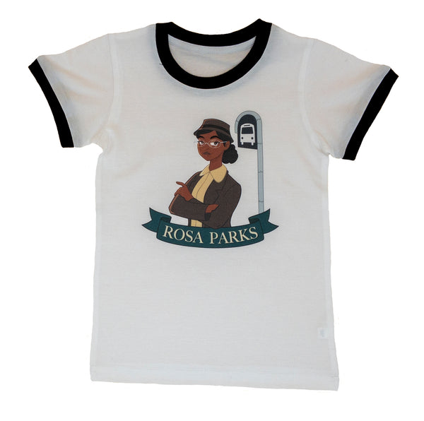 White ringer t-shirt with black ring collar and sleeve cuffs. Image of cartoon illustrated Rosa Parks wearing a brown twill blazer and yellow club-collar blouse. She stares confidently through silver-rimmed glasses with a brown trilby style hat on her dark brown hair. She is standing in front of a bus stop sign in the background. Below her image is a dark green ribbon with her name in light yellow typeface.