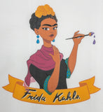 Close-up image of cartoon illustrated Frida Kahlo wearing aqua blue pendant earrings, dark rose-coloured scarf, black dress with blue checked cuffs and holding her paint brush with small drips of paint falling from the bristles. She is depicted with a small yellow rose bouquet headband on her dark brown hair. Below her image is a golden yellow ribbon bearing her name.