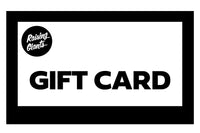 Image of a Raising Giants gift card, in black typeface on white card shape.