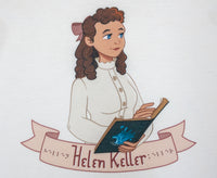 Close-up image of cartoon illustrated Helen Keller wear a cream-coloured button-up blouse, with her curly hair tied back with a rose-coloured bow. She stares confidently while fingering through the pages of large book. Below her image is a ribbon with her name in conventional text and braille.