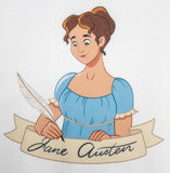 Close-up image of cartoon illustrated Jane Austen wearing a light blue dress with yellow frilly cuffs on the short sleeves. Her medium brown wavy hair is tied-back in a simple ponytail, with the front bangs parted in the centre and small curly ringlets falling just behind her ears. She smiles confidently as she writes with a feather quill fountain pen. Below her is a light yellow ribbon bearing her name where her feather quill appears to be writing her name.