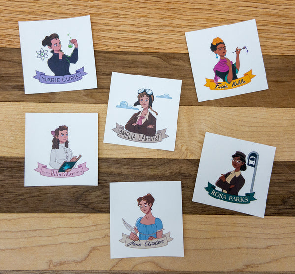 On white sticker paper, Leaders Pack includes cartoon illustrations of all six women from our collection. Amelia Earhart, Frida Kahlo, Helen Keller, Jane Austen, Marie Curie and Rosa Parks. Stickers measure 2 by 2 inches in area each.