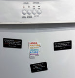 All four magnets are displayed haphazardly placed on the metal surface of a dishwasher.