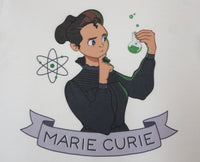 Close-up image of cartoon illustrated Marie Curie wearing a black dress and her dark brown hair pulled back into a loose bun. She is holding a flask of a green liquid that is projecting small green bubbles into the air and is flanked to her right by a drawing of a nuclear fission symbol. She is depicted as staring pensively at the flask with her right hand drawn to her chin, index finger resting on the tip of her chin. Below her image is a light violet ribbon bearing her name.