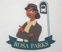 Close-up of image of cartoon illustrated Rosa Parks wearing a brown twill blazer and yellow club-collar blouse. She stares confidently through silver-rimmed glasses with a brown trilby style hat on her dark brown hair. She is standing in front of a bus stop sign in the background. Below her image is a dark green ribbon with her name in light yellow typeface.